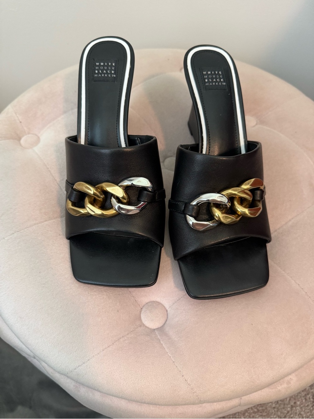 White House Black Market Black Slide Mules with Mixed Metal Chain